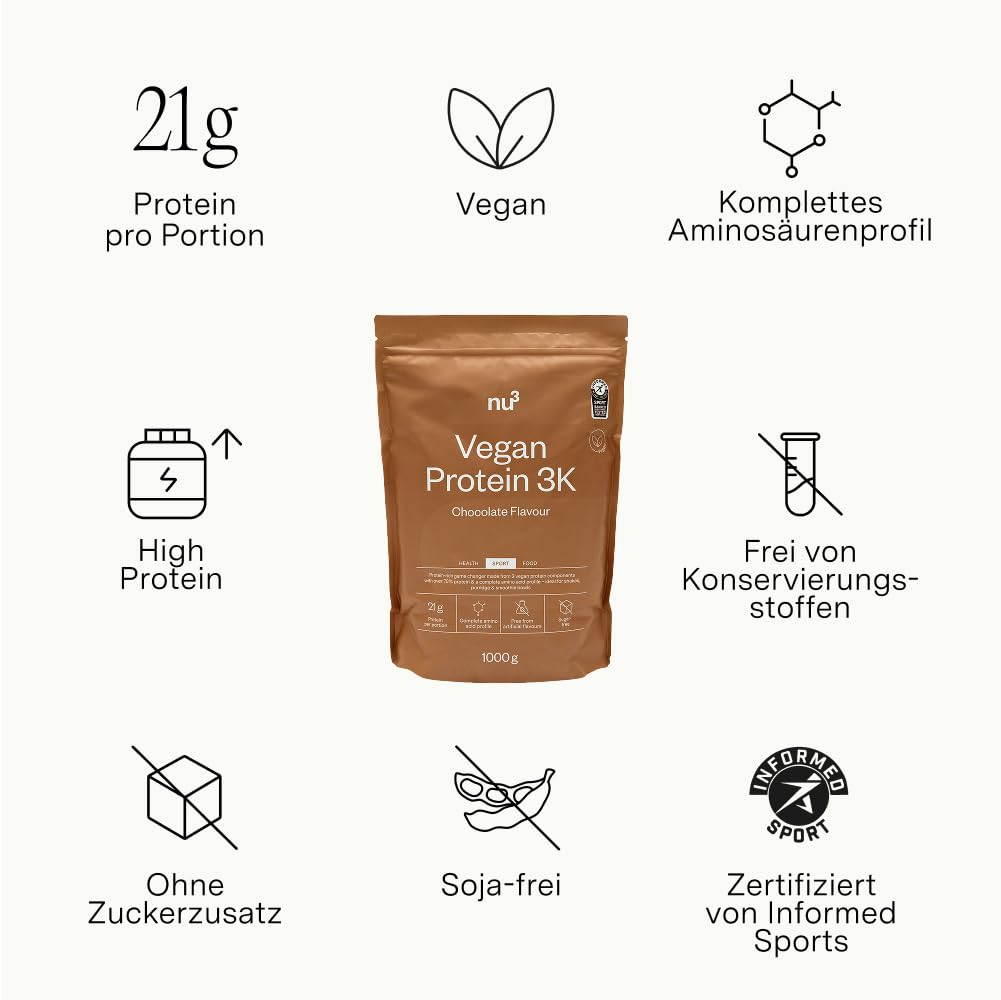 nu3 Vegan Protein 3K Schokolade 1kg- Protein-Powder, pflanzlich, laktosefrei, ohne Soja, zuckerarm, gelatinefrei, Aspartamfrei, Cremig, Eiweißpulver für Muskelaufbau, Training & Alltag - 1000 g