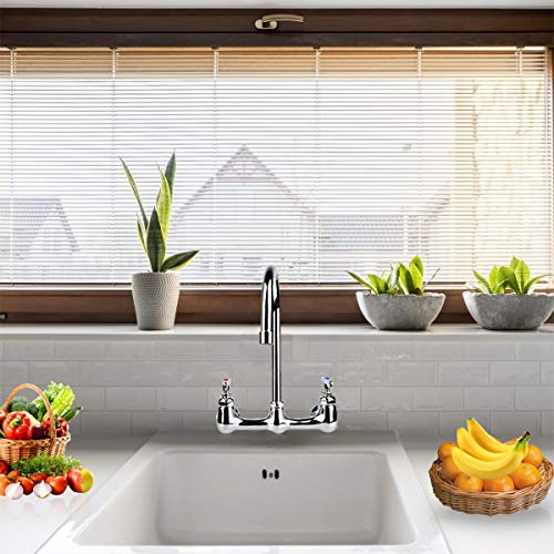 Kwode Wall Mount Faucet 8 Inch Center Commercial Kitchen Sink Faucet With 6" Gooseneck Swivel Spout 2 Handles Control Brass Contructed Chrome Finish #TOP6