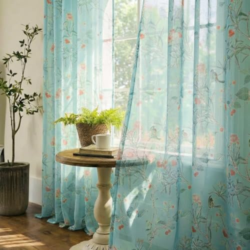 Image of XTMYI Turquoise Blue Eclectic Boho Sheer Curtains, Botanical Pattern Funky Global Artistic Bohemian Breezy Window Panel for Bedroom Living Room, 96 Inch Long 2 Panel Set
