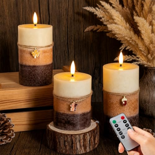 Image of Brown Fall Flameless Pillar Candles with Remote, 3 Pack Thanksgiving Decor