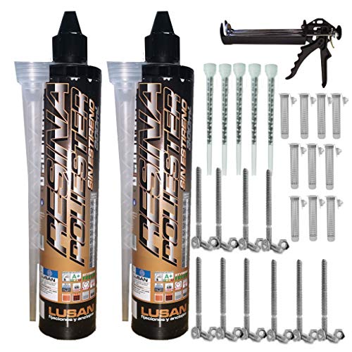 BricoLoco Kit Anclaje Adhesivo 2 Taco químico poliéster sin estireno 300 mm. + 5 cánulas + 10 tamices + 10 varillas + pistola. Bricolaje doméstico y profesional