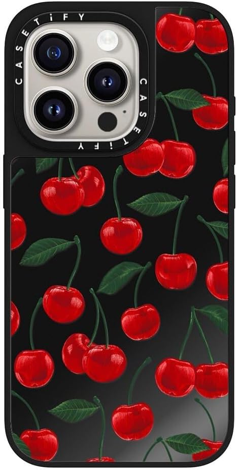 CASETiFY Mirror iPhone 15 Pro Case [Reflective / 4.9ft Drop Protection/Compatible with Magsafe] - Vibrant red Cherry Pattern - Black on Black