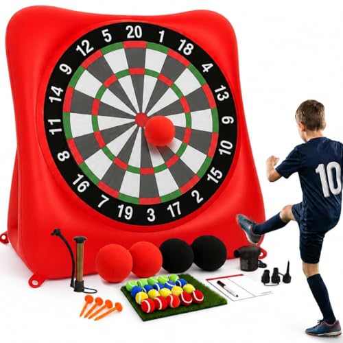 Inflatable Soccer Dart Board and Golf Darts Giant Kick Target Yard Game for Adults Kids Outdoor Backyard Parties with 4 Soccer Balls 20 Golf Balls Chipping Mat Pumps Scorecard Red Color 6.3 Feet