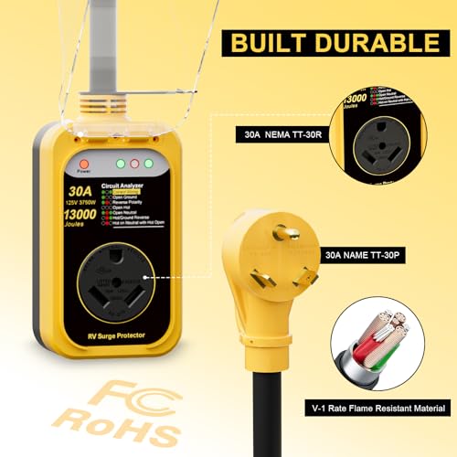 Image of RV Surge Protector 30 Amp, 13000 Joules Circuit Analyzer for Camper | RV Adapter Plug with Waterproof Cover for Travel Trailers(30AMP-Yellow)