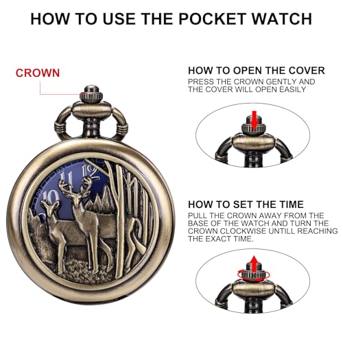 Image of SIBOSUN Pocket Watch with Chain Oversized 50MM 1.96 Inch Deer Reindeer Woodland Men Vintage Box Quartz Pocket Watches Analog