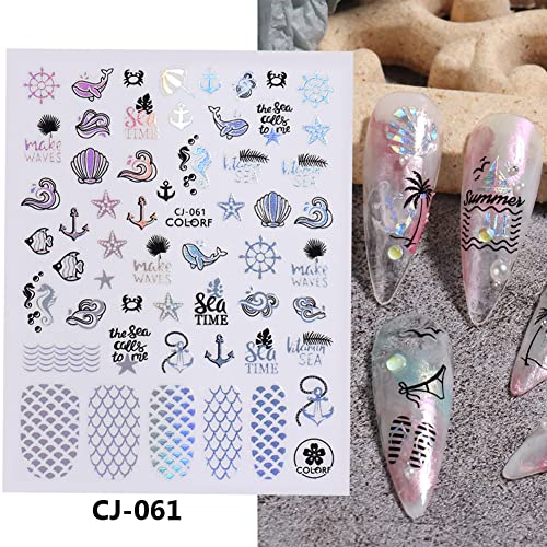Tropical Nail Art Self-Adhesive Stickers Palm Tree Seashell Mermaid Shape Nail Foil Supplies For Women Nail Decals Printed Ocean Hawaiian Style Designs Nail Designer Decorations In Summer 9Sheet #TOP6