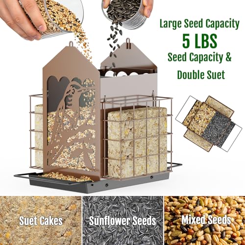 Birdream Bird Feeders for Outdoors, 5 Lbs Metal Bird Feeder with Double Suet Cages, 2 in 1 Mixed Seeds Suet Feeder, Large Capacity & Weatherproof Metal Roof, Attract Cardinals Wildbird Woodpecker - Image 2