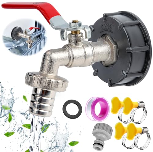 SWTYExt IBC Tank Zubehör 1/2 Zoll IBC Auslaufhahn 1000 Liter Wassertank Zubehör mit 4 Stück Schlauchschellen Edelstahl 16-25mm IBC Hahn IBC Container Zubehör für Regenwassertank Wasserhahn Tank Pumpe