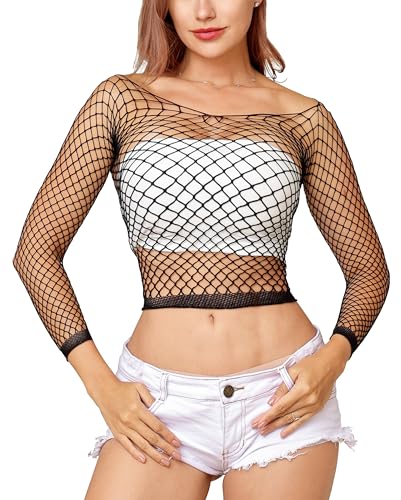 LemonGirl Women's Fishnet Lingerie Babydoll Long Sleeve Mesh Chemise Nightwear One Size Black
