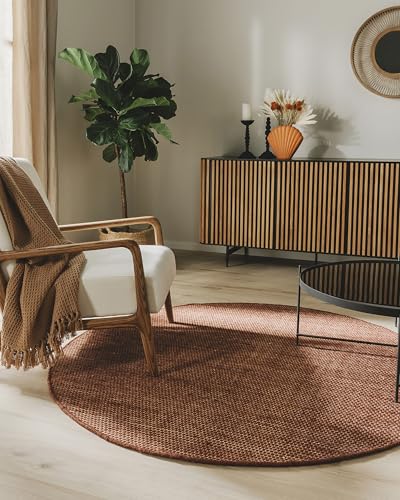 benuta Pure Wollteppich Rocco - Braun 150 cm Rund - Handgewebt - Im Style: Wolle, Uni, Boho, Hygge & Cozy, Minimalistisch - Pflegeleicht für Wohnzimmer Schlafzimmer
