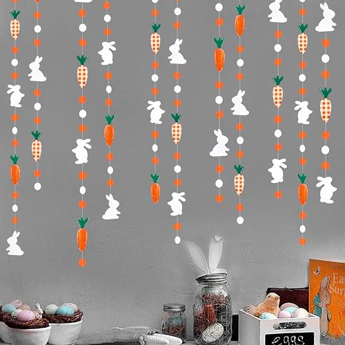 Image of Pinkblume Easter Party Decorations - Bunny Carrot Circle Dot Garland Streamer Hanging Paper Buffalo Plaid Carrot Polka Dot Rabbit Banner for Spring Day Party Supplies