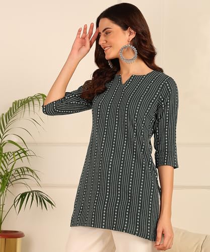 Image of DSK Studio Women's Cotton Short Kurti with Notch Neck Line 3 /4th Sleeves Abstract Pattern Short Length and Regular Fit