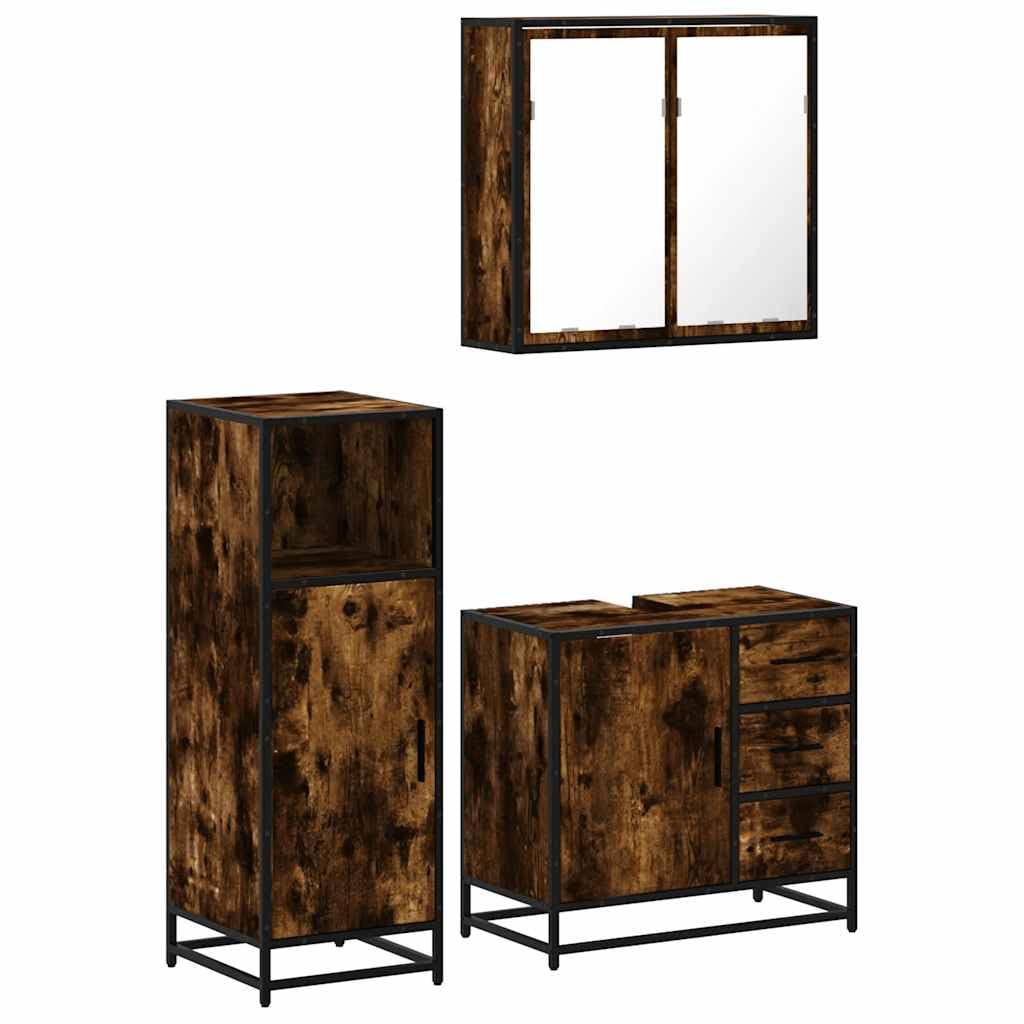 Set di 3 mobili da bagno in legno di rovere affumicato, armadietto