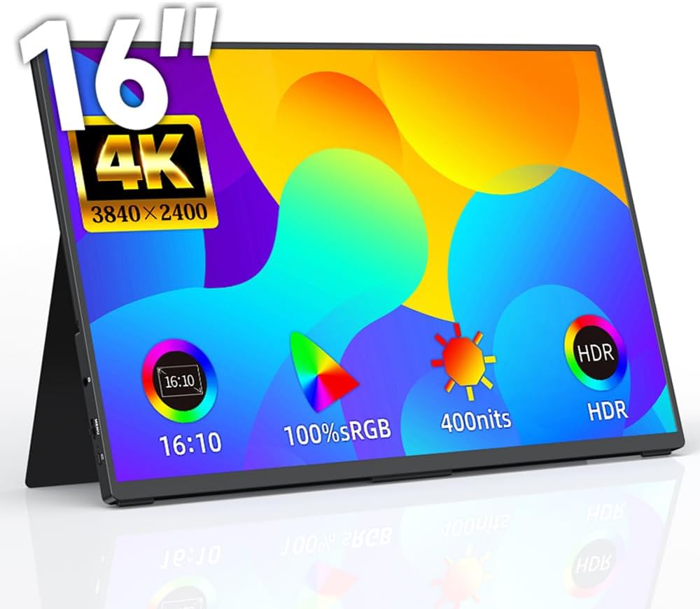 Mobile Monitor 16 Inch 4K Matte IPS 100% sRGB 400nits High Brightness Slim UHD 16:10 (3840×2400) HDR Support with Stand Cover Built-in Speaker USB Type-C×2 MiniHDMI×1 Compatible with PC