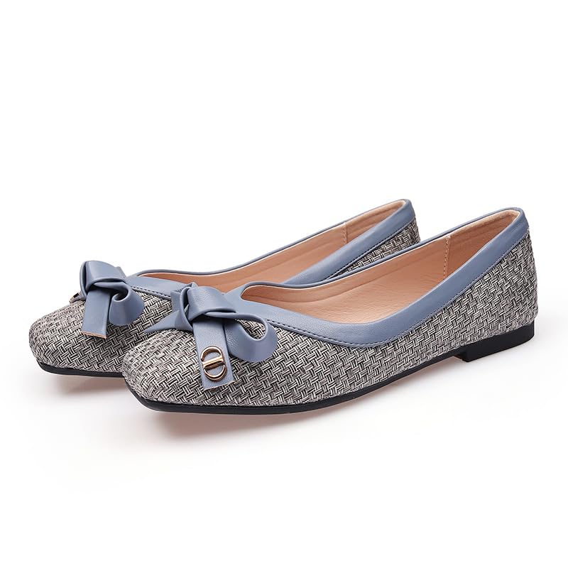 Woven Ballet Flats for Women Dressy Casual Bow Square Toe Dress Flats Comfortable Slip-on Walking Shoes