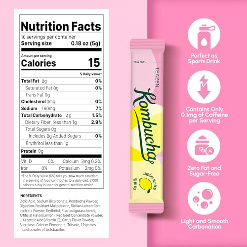Image of TEAZEN Sicily Pink Lemon Kombucha Powder, Hydration Drink Mix, Sugar Free, Live Probiotics & Prebiotics, On-the-Go 10 Packets, 1.76oz