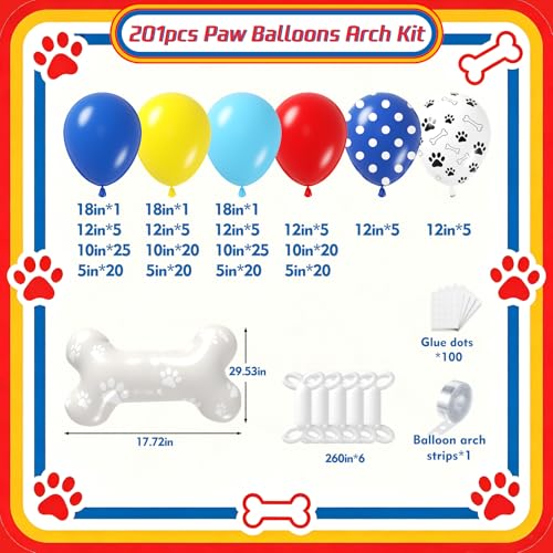 Image of PTGUOLUO Paw Balloons Garland Arch Kit 201Pcs with Dog Bone Foil Balloons and Paw Print Balloon, Royal Blue Yellow Red Balloons Arch Kit for Paw Birthday Baby Shower Party Decorations