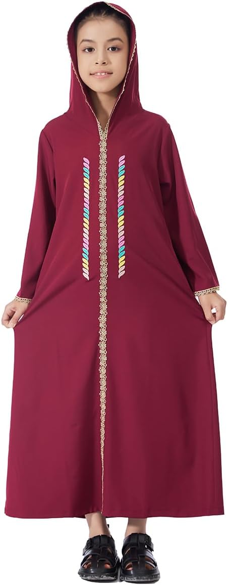 Kids Girls Abaya Muslim Long Sleeve Hooded Lace Embroidered Prayer Dress Arabic Kaftan Dubai Islamic Dresses