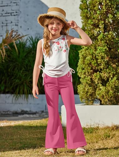 Image of Arshiner Toddler Girl Clothes 2 Piece Outfits Side Adjustable Drawstrings Tank Tops and Flare Leggings Pant Set