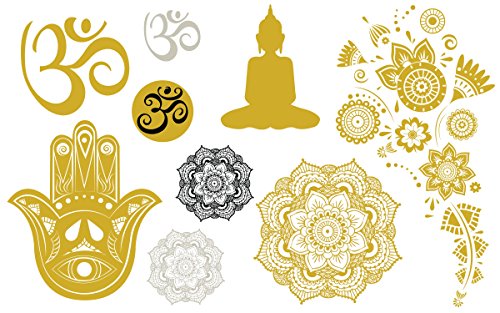 Yoga Metallic Gold & Silver Temporary Tattoo Set - Metallic Mandalas, Shiva, Hamsa, Aum - 2 Sheets, 18 Total Semi-Permanent Tattoos - Custom Flash Tattoos