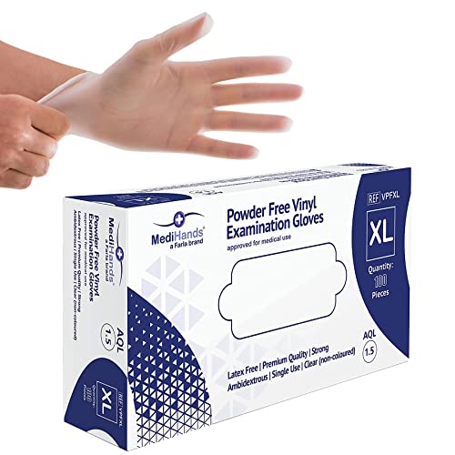 MediHands Vinyl Clear Extra Large Gloves, Disposable Surgical Gloves, Box of 100, Powder Free, Latex Free, Protein Free, Medical, Food, Multi-Use
