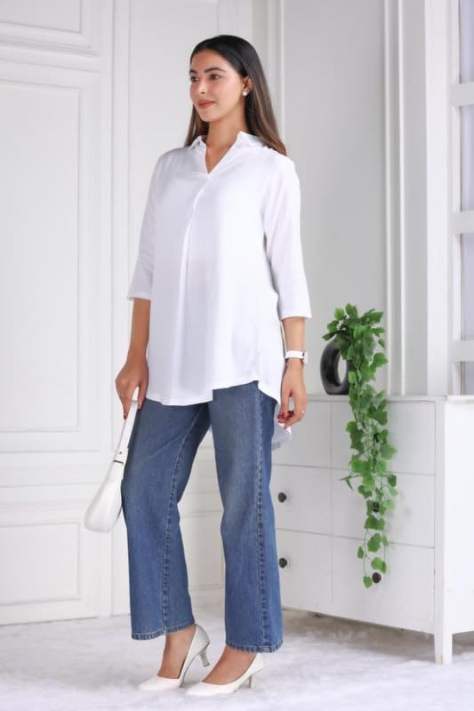 Image of Mlada Rayon Flare Top for Women | 3 /4th Sleeve Regular Fit and Flare Top | Women Office Tops Tunic | Western Long Shirt Top for Women | Shirt Collar Top for Women | Rayon Tunic Tops for Women Western