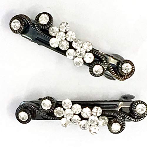 2 Pieces Set Twin Flowers Design Clear Rhinestone With Black Grey Color Metal Clips