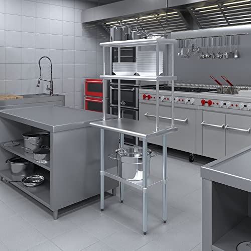 Image of AmGood Stainless Steel Work Table with 12 inch Wide Double Tier Overshelf | NSF Stainless Steel Table with Double Overshelves, 30 inch Long x 18 inch Deep