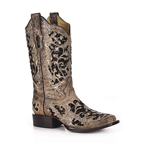 CORRAL A3648 Floral Embroidered Glitter Inlay and Studs Square Toe Boots