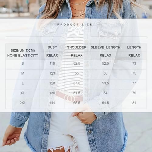 Meditatem Denim Jacket, Womens Oversized Button down Frayed Hem Denim Shacket, Washed Distresse Jean Jacket Fall Outfits2