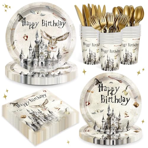 168pcs Cartoon Birthday Party Supplies Vintage Castle Paper Plates Napkins Magical Disposable Tableware Set Magical Party Supplies for Boys Girls Birthday Decor 24 Guests