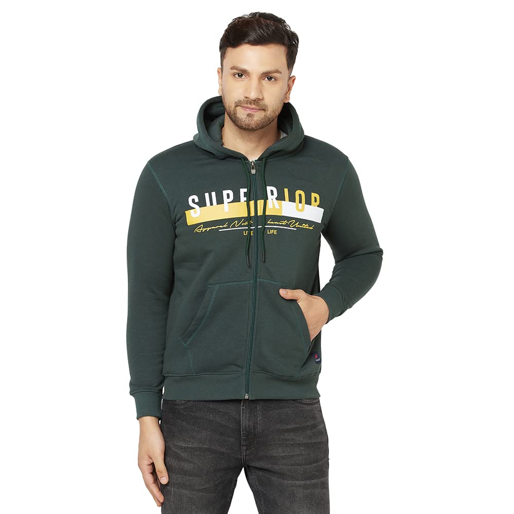 FALMAX Cotton Blend Printed Zipper Hoodie Regular Fit Sweatshirt - B.Green