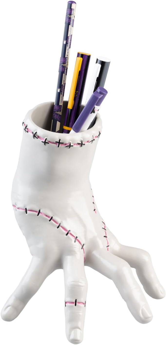 Grupo Erik Pen Holder For Desk & Stationery Set - Wednesday Addams Gifts | Desk Accessories - Pencil Holder, 2 Pens, Pencil, Eraser, Sharpener | Thing Hand Wednesday Gifts