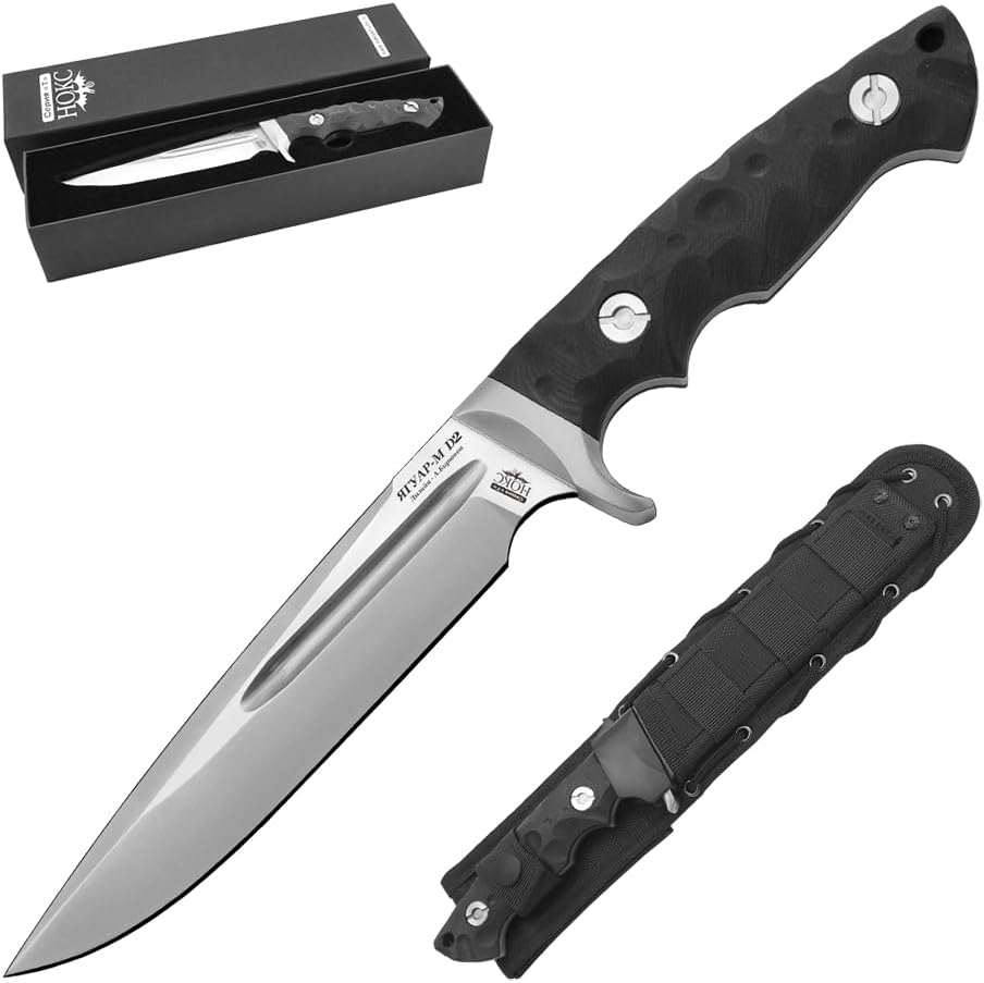 HOKC Jaguar-M D2 | 602-100426 | Hunting Knife, Tactical Knife by Official Dealer - Designed by Russian Master Aleksander Biryukov - Advanced Guard, G10 Handle, Full Tang Construction, Long and Durable D2 Stainless Tool Steel, Satin Finished - Ideal for Camping & Hunting