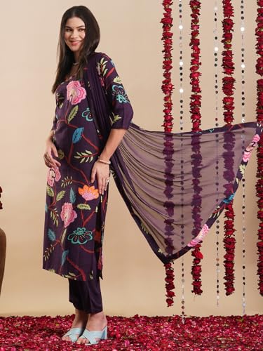 Image of GoSriKi Women's Rayon Blend Straight Printed Kurta with Pant & Dupatta