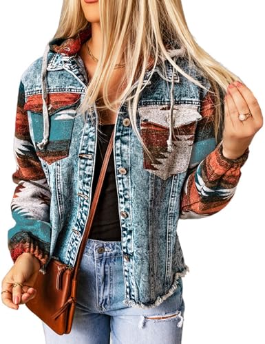 Perbai Women's Hooded Aztec Denim Jacket Distressed Button Down Jean Shacket with Hood