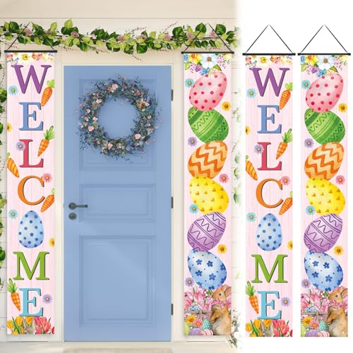 Preboun Easter Banners Porch Door Decorations Egg Porch Signs Banners Hanging Front Door Decorations for Outside Yard Garland Party Supplies