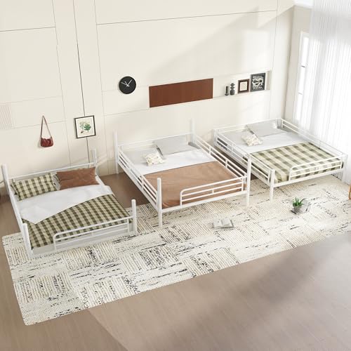 Image of Queen Over Queen Over Queen Bunk Bed with Safety Guardrails, Modern Metal Triple Bed Frame for Kids, No Box Spring Required, White