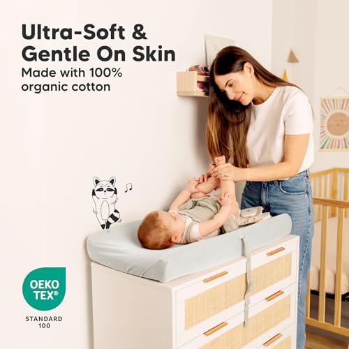 Image of 2-Pack Waterproof Changing Pad Covers Boy, Girl - 32x16 Soft Cotton Baby Changing Table Cover, Wipeable Diaper Change Pad Sheets, Contour Baby Diaper Change Mat Liner for Dresser, Nursery (Sage)