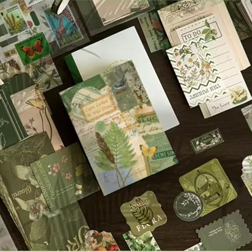 Image of VIBE VISTA Vintage Scrapbook Kit - 346 Pcs A6 Grid Notebook, Washi, Envelopes, Papers, Folding Labels, Background Papers, Photo Frames, Calendar Stickers - Cyan Looked At Wild Dome, Green