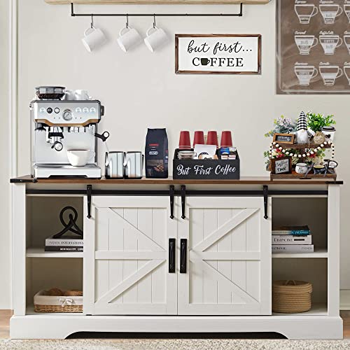 Okd Farmhouse Coffee Bar Cabinet, 58 Inch Buffet Sideboard Cabinet W/Sliding Barn Door, Adjustable Storage Shelves, Rustic Kitchen Storage Cabinet For Dining Room, Living Room, Antique White #TOP7