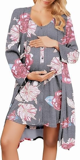 ELESOL Maternity Nursing Gown and Robe Set 2 Piece Waffle Breastfeeding Nightgown 3 in 1 Labor and Delivery Hospital Gown