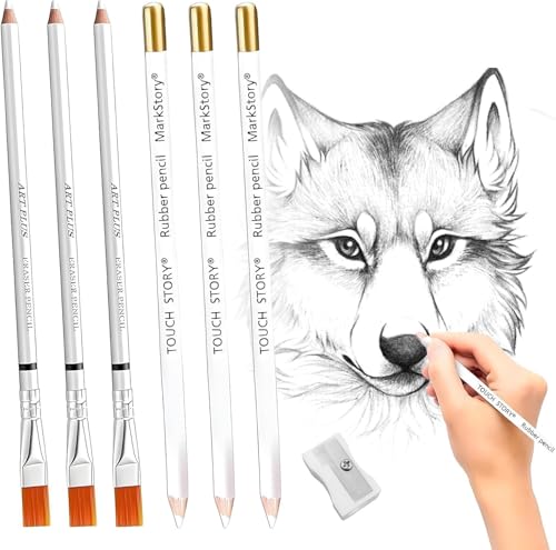 7 lápices de goma de borrar para artistas, borrador de resaltado, lápiz blanco para dibujos de carbón, bocetos de madera, sacapuntas de color aleatorio para principiantes