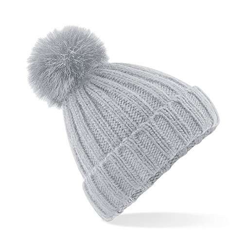 Beechfield Verbier Fur pop pom Chunky Beanie Knited Winter Bobble Woolly Cap/hat - Light Grey