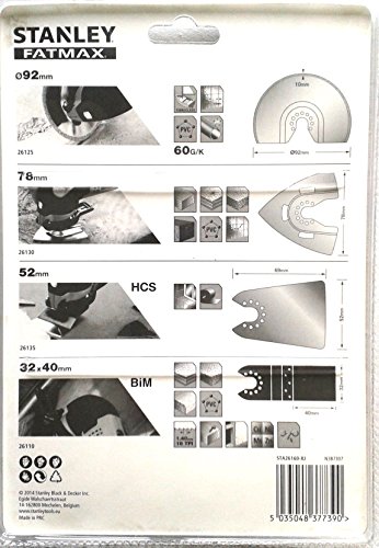 Stanley – Lot de 4 lames d'outil multifonction pour carrelage – Lame à concrétion 92mm et 78mm – Grattoir rigide – Lame bi métal 32mm STA26160 XJ - vue 4