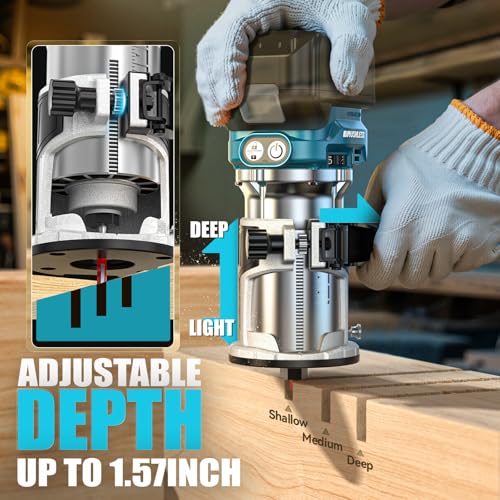 Cordless Compact Router Compatible with Makita 18V Battery, With 15Pcs Router Bits 6 Variable Speeds for Woodworking, 800W 30000 RPM Fixed Base Wood Router With Trim Bits