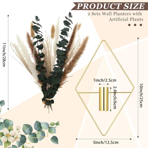 Image of Jexine 4 Pcs Hanging Planters with Artificial Pampas Grass Metal Hanging Vase Indoor Plants Holder Modern Geometric Boho Bathroom Wall Decor for Living Room Home Office (Gloden)