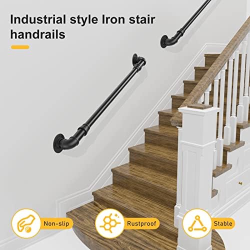 Staircase Handrails, PaNt Matte Black 1M Pipe Handrail Steps Hand Rail for Indoor Stairs 150kg Load Capacity Wall Mount Support Elderly Safety Hand Rail Galvanized Steel Retro Industrial Style 3.2+4cm