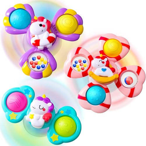 Pourbibi Saugnapf Spielzeug Baby - Juguetes baño Bebe 1 año, Spinner Bebe, Juguetes sensoriales para Silla y Viaje, Spinner, Regalo cumpleaños 1-3 años