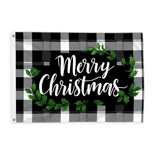 Banderas de acebo para exteriores, diseño festivo de búfalo de Navidad, banderas decorativas negras para exteriores, resistentes a la decoloración, decoración para jardín, entrada, casa, patio